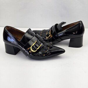 & Other Stories Black Patent Leather Gold Buckle Loafers  7  Kilte Fringe Detail